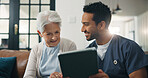 Nursing home, old woman and nurse with tablet, reading and happy for positive health report or flare. Healthcare, senior person and caregiver with tech for medical results on web and checkup in house