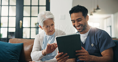 Buy stock photo Homecare, old woman and nurse with tablet, online and happy for positive health report and wellness. Healthcare, senior person and caregiver with tech for medical results on web and checkup in house
