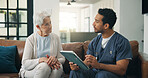 Nursing home, old woman and nurse with tablet, healthcare and consultation with health report on app. Serious, man and caregiver with tech for medical results, wellness and checkup for senior person