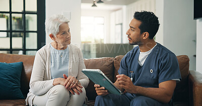 Buy stock photo Nursing home, old woman and nurse with tablet, healthcare and consultation with health report on app. Serious, man and caregiver with tech for medical results, wellness and checkup for senior person