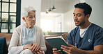 Nursing home, old woman and nurse with tablet, discussion and consultation with health report on app. Serious, man and caregiver with tech for medical results, healthcare or checkup for senior person