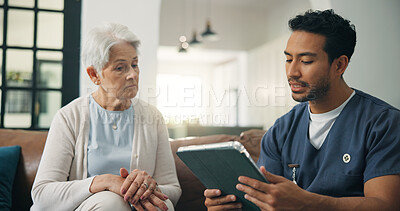 Buy stock photo Nursing home, old woman and nurse with tablet, discussion and consultation with health report on app. Serious, man and caregiver with tech for medical results, healthcare or checkup for senior person