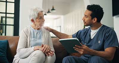 Buy stock photo Nursing home, old woman and nurse with tablet, support or consultation with health report on website. Healthcare, man and caregiver with tech for medical results, care and empathy for senior person