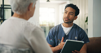 Buy stock photo Nurse, old woman and tablet for talk at retirement home with healthcare checklist, question or review. Man, caregiver and discussion with elderly patient on app, feedback or wellness report in house