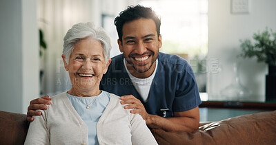 Buy stock photo Happy man, portrait or elderly patient with nurse for healthcare or assisted living together in home. Doctor, caregiver and smile with senior woman or hug for health and wellness in retirement house