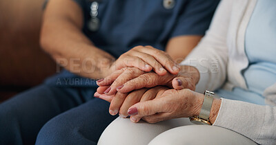 Buy stock photo Hands, caregiver and comfort with old woman in home for empathy, support and medical results. Person, reassurance and consoling with elderly patient, healthcare diagnosis and assisted living at house