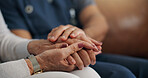 Hands, caregiver and comfort with old woman at house for empathy, support and medical results. Person, reassurance and consoling with elderly patient, healthcare diagnosis and assisted living in home