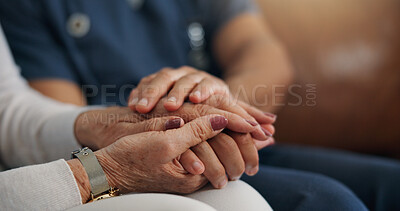 Buy stock photo Holding hands, caregiver and comfort old woman in home for empathy, support and medical results. Person, reassurance or consoling with senior patient, healthcare diagnosis and assisted living on sofa