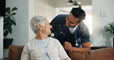 Buy stock photo Happy, nurse and old woman on sofa, talking and advice for recovery, healthcare and relax. Caregiver, pensioner and senior person on couch, conversation and medical service for retirement home