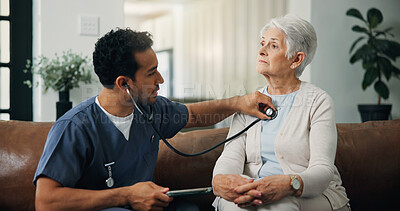 Buy stock photo Man, nurse and heart beat with elderly patient on sofa for health exam, checkup or breathing. Male person, caregiver and checking senior woman with stethoscope for medical diagnosis or test in home