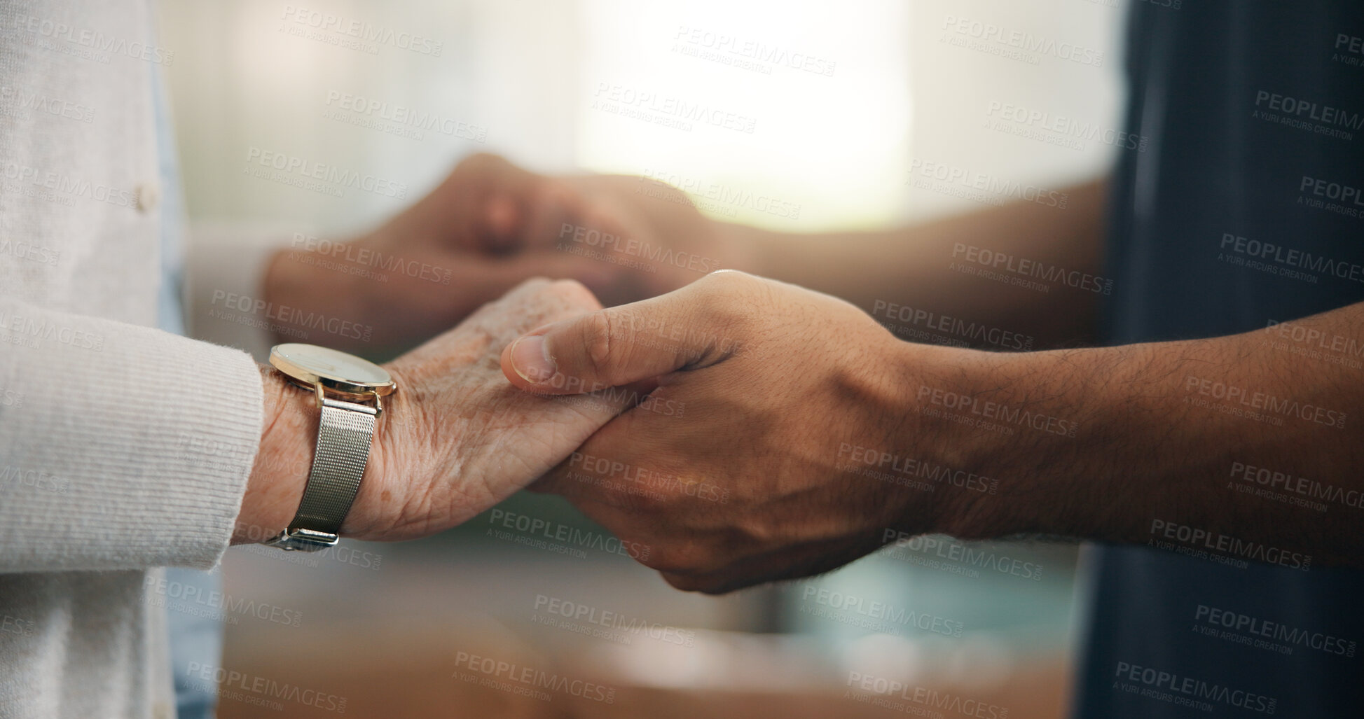 Buy stock photo Caregiver, holding hands and comfort with old person in home for empathy, support and medical results. Nurse, console and senior patient for healing, healthcare diagnosis and assisted living at house
