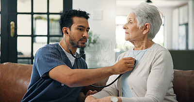 Buy stock photo Man, nurse and heart beat with senior patient on sofa for health exam, checkup or breathing. Male person, caregiver and checking elderly woman with stethoscope for medical diagnosis or test in home