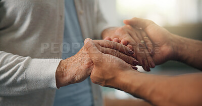Buy stock photo Old woman, caregiver and holding hands in nursing home with support, respect or compassion for grief. Senior person, worker and trust in retirement center with empathy, kindness or volunteer service.