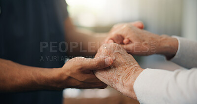 Buy stock photo Caregiver, holding hands and comfort with senior person in home for empathy, support and medical results. Nurse, consoling or elderly patient for reassurance, healthcare diagnosis and assisted living