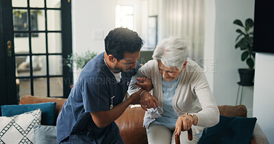 Buy stock photo Man, nurse and helping senior patient with walking stick on sofa for assisted living in home. Male person, caregiver and lifting elderly woman with cane for physiotherapy, muscle recovery or aid
