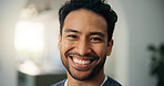 Smile, teeth and man in home for dental wellness, oral health and confidence with portrait. Orthodontics, gum care and person with perfect tooth in house for hygiene, veneers and pride with dentistry