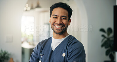Buy stock photo Man, doctor and smile in portrait at clinic with pride, confident or service for wellness in lobby. Person, medical professional and surgeon with healthcare, happy and career at hospital in Indonesia