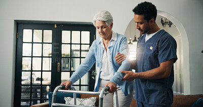 Buy stock photo Man, nurse or walker with senior patient for assisted living, healthcare or mobility in home. Male person, caregiver or walking with elderly woman, aid or balance for physiotherapy or muscle recovery