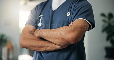 Buy stock photo Person, caregiver and confident with arms crossed in home for career pride, about us and leadership. Closeup, nurse and nursing ambition of assisted living, healthcare services and medical assistance