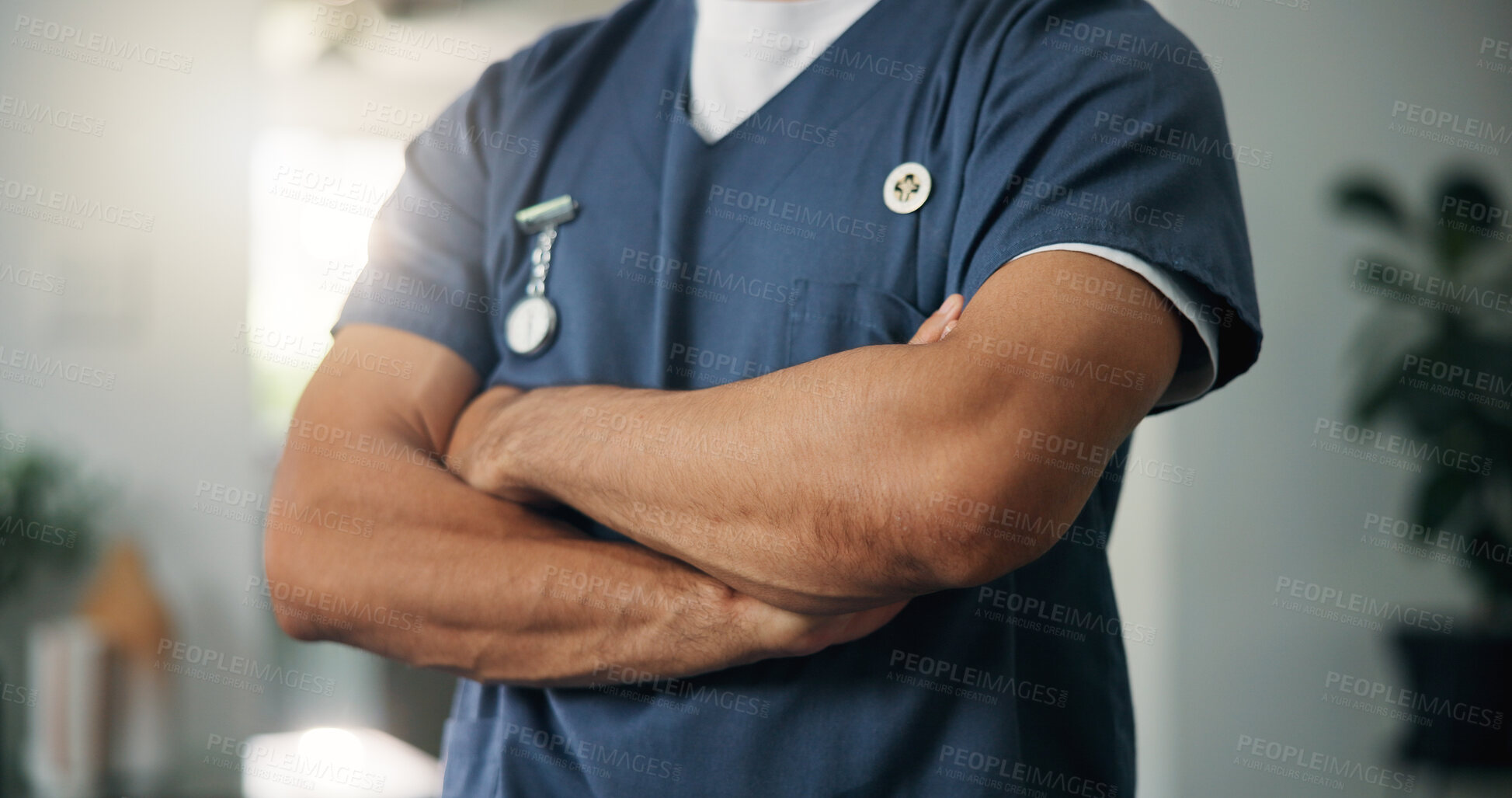 Buy stock photo Person, caregiver and confident with arms crossed in home for career pride, about us and leadership. Closeup, nurse and nursing ambition of assisted living, healthcare services and medical assistance