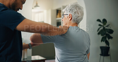 Buy stock photo Old woman, chiropractor and stretching in nursing home for support, wellness and rehabilitation. Senior person, orthopedic worker and advice in retirement center for physiotherapy, help and recovery.