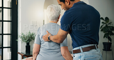 Buy stock photo Old woman, chiropractor and consultation in nursing home with back assessment, support and healing. Senior person, orthopedic worker and help in retirement center for spine injury, recovery and exam.