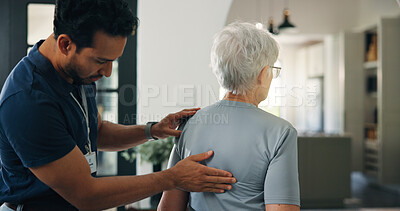 Buy stock photo Old woman, chiropractor and back exam in nursing home with support, wellness and rehabilitation. Senior person, orthopedic worker and help in retirement center for spine injury, healing and recovery.