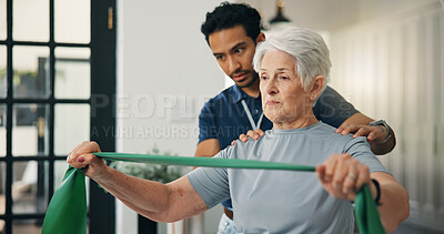 Buy stock photo Old woman, physiotherapist and resistance band in clinic with stretching, support or rehabilitation. Senior person, orthopedic worker and physical therapy for mobility exam, fitness or recovery help.