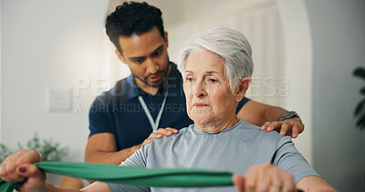 Buy stock photo Senior woman, band and physiotherapist in home for strength training, mobility and recovery. Elderly person, physio and help with physical therapy, guidance and healthcare support for rehabilitation