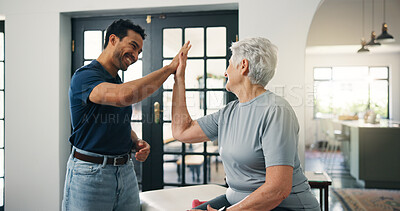 Buy stock photo Physiotherapist, senior woman and high five with celebration for recovery, happy and support in retirement. People, excited and success with rehabilitation, goals or healing injury at wellness clinic