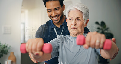 Buy stock photo Physiotherapist, elderly woman and dumbbells for exercise, muscle recovery or rehabilitation. Weights, physical therapy and training with senior person for health, strength or help with smile in home