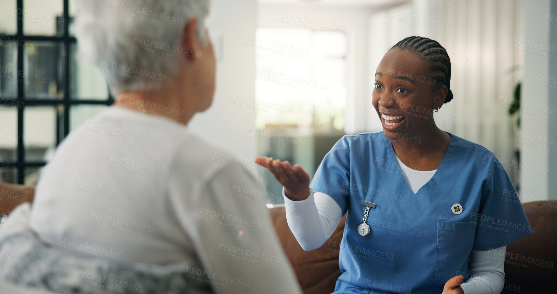 Buy stock photo Caregiver, smile and old woman in house with consultation, advice and communication in assisted living. Guidance, client and nurse in home with elderly patient, checkup and help in retirement care.
