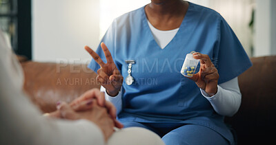 Buy stock photo Nurse, woman and hands with medicine in nursing home for healthcare prescription, dose or wellness. Caregiver, person and pills in house, medical instruction and explain daily medication schedule