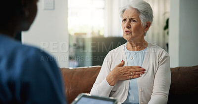 Buy stock photo Chest, consulting or medical with old woman and nurse on sofa for help or home appointment. Feedback, healthcare or lungs with senior patient and caregiver in apartment for assisted living checkup