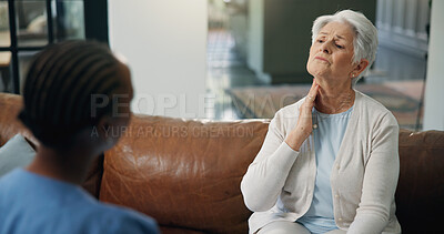 Buy stock photo Consulting, medical and neck of old woman with nurse on sofa for help or home appointment. Feedback, healthcare or throat of senior patient with caregiver in apartment for assisted living checkup