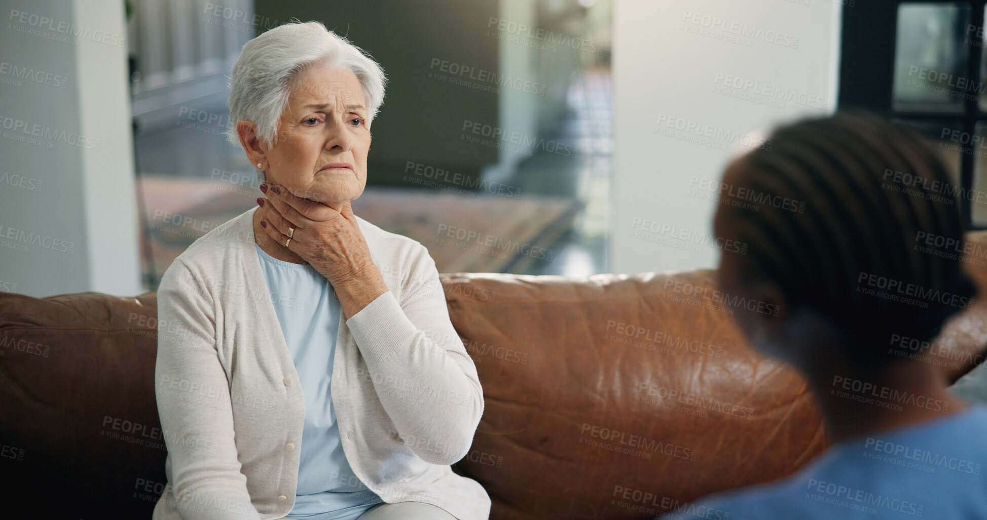 Buy stock photo Consulting, healthcare and throat of old woman with nurse on sofa for help or home appointment. Feedback, medical or neck of senior patient with caregiver in apartment for assisted living checkup