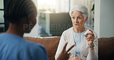 Buy stock photo Medical, pills and question of old woman with nurse on sofa for help or home appointment. Consulting, healthcare or medication of senior person with caregiver in apartment for assisted living checkup