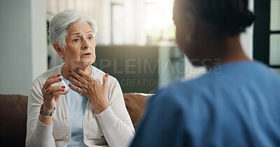 Buy stock photo Medical, pills and throat of old woman with nurse on sofa for help or home appointment. Healthcare, neck and prescription of senior patient with caregiver in apartment for assisted living checkup