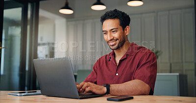 Buy stock photo Laptop, coding and businessman in office with research for full stack development with project. Technology, professional and web developer with computer for online programming report in workplace.
