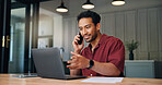 Laptop, phone call and businessman in office with communication for programming feedback. Computer, cellphone and male web developer on mobile discussion for online coding review in workplace.