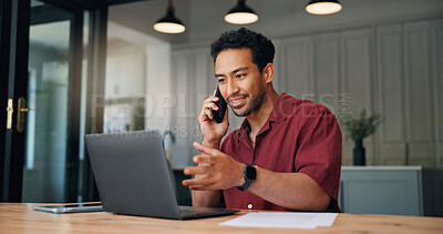 Buy stock photo Laptop, phone call and businessman in office with communication for programming feedback. Computer, cellphone and male web developer on mobile discussion for online coding review in workplace.