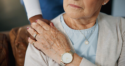 Buy stock photo Caregiver, shoulder touch and hands in home with comfort, understanding or empathy in assisted living. Compassion, security or nurse with elderly woman, support and trust in retirement care.