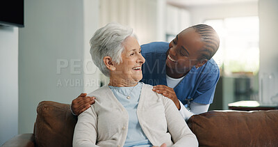 Buy stock photo Caregiver, hug and people in house with comfort, understanding or empathy in assisted living. Compassion, elderly woman and nurse in home with embrace, support and security in retirement care.