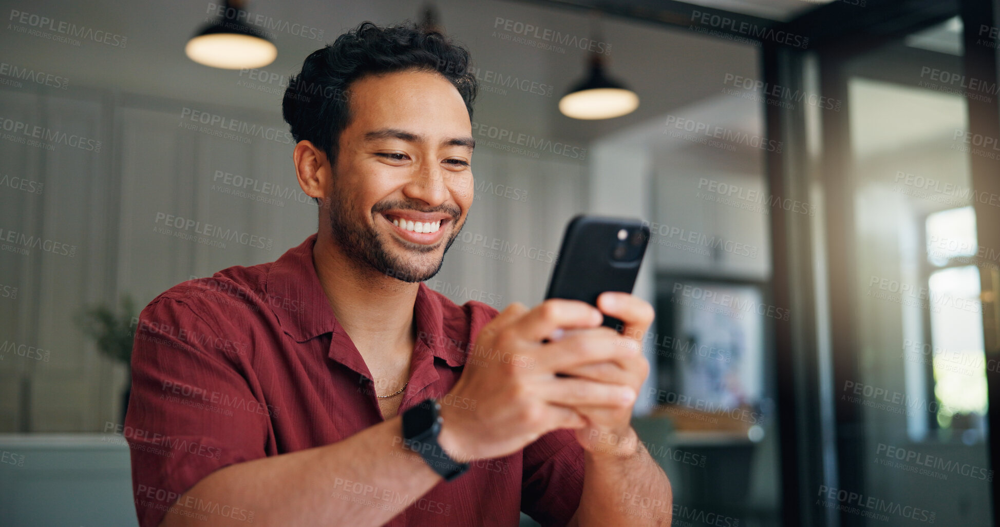 Buy stock photo Home, smile and man with smartphone for app, comment or typing on social media forum on weekend. Mobile, platform and happy person in house for communication, online chat or response on message board