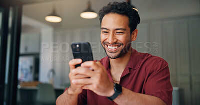Buy stock photo Man, smartphone and texting with smile in home for contact, notification and scroll for web chat. Person, phone and happy with typing on mobile app, meme or check post on social network at house