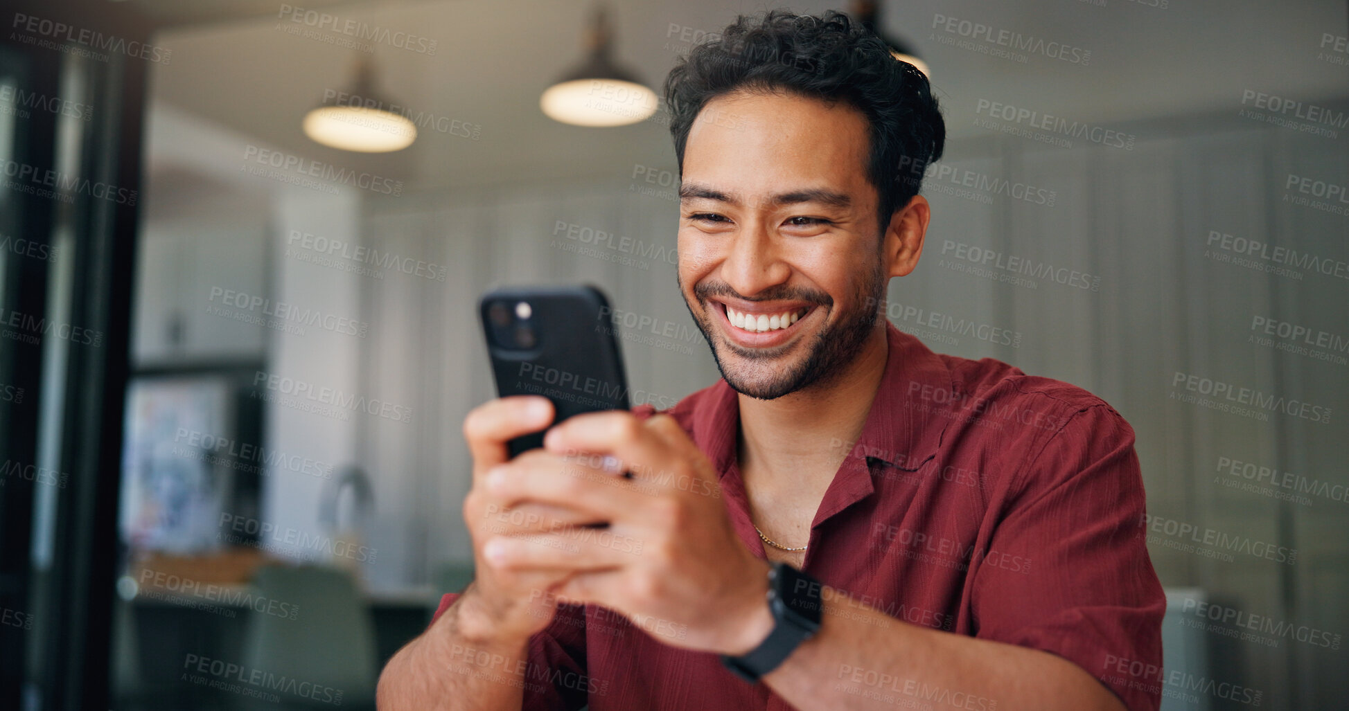 Buy stock photo Man, smartphone and texting with smile in home for contact, notification and scroll for web chat. Person, phone and happy with typing on mobile app, meme or check post on social network at house