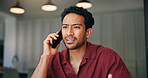 Confused, man and talk in home with phone call, feedback and frustrated for insurance premium scam. Annoyed, person and discussion in house with tech, spam contact and doubt for fake policy upgrade.