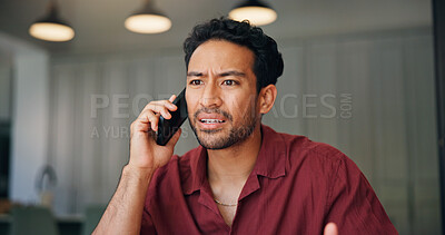 Buy stock photo Confused, man and talk in home with phone call, feedback and frustrated for insurance premium scam. Annoyed, person and discussion in house with tech, spam contact and doubt for fake policy upgrade.