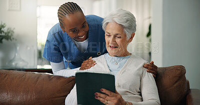 Buy stock photo Smile, caregiver and old woman with tablet in home for good news, medical results and telehealth. Happy, nurse and senior person with digital for healthcare report, online survey and assisted living