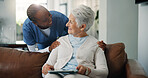 Smile, caregiver and old woman with tablet at house for good news, medical results and telehealth. Happy, nurse and senior person with digital for healthcare report, online survey and assisted living